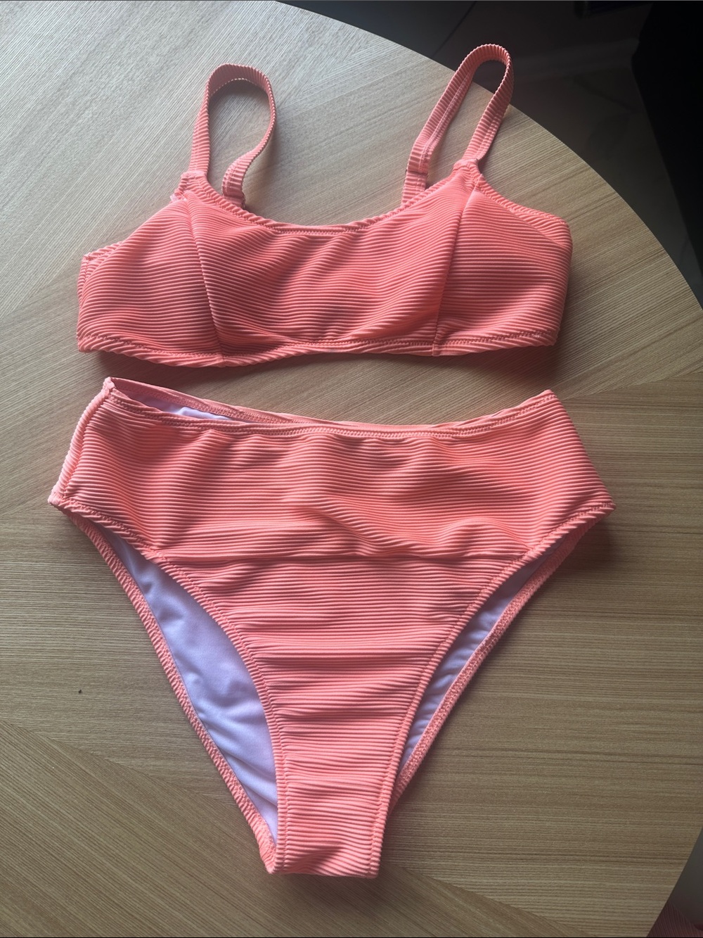 Ribbed Coral High-Waist Bikini Set - Women Swim